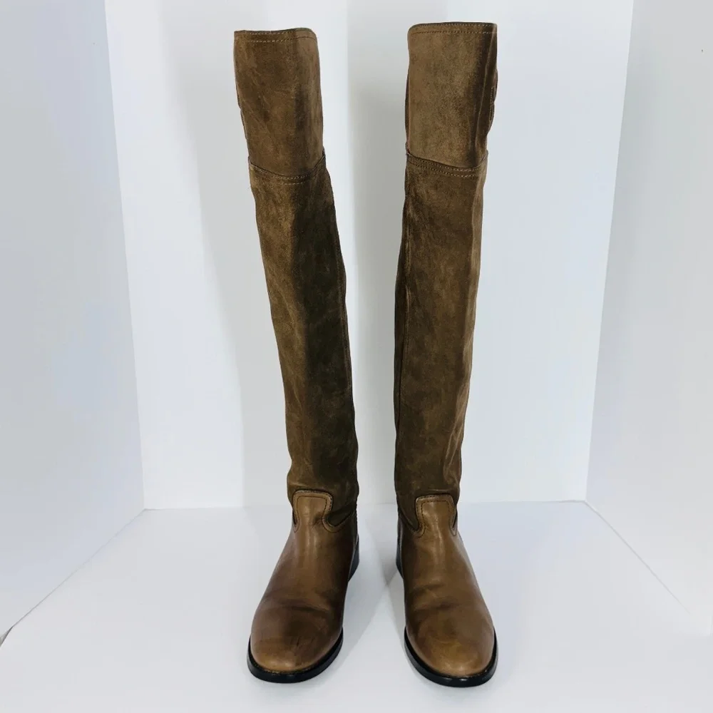 Tory Burch Women Brown Suede Leather Riding Boots Logo Tall Boots 6.5 Equestrian